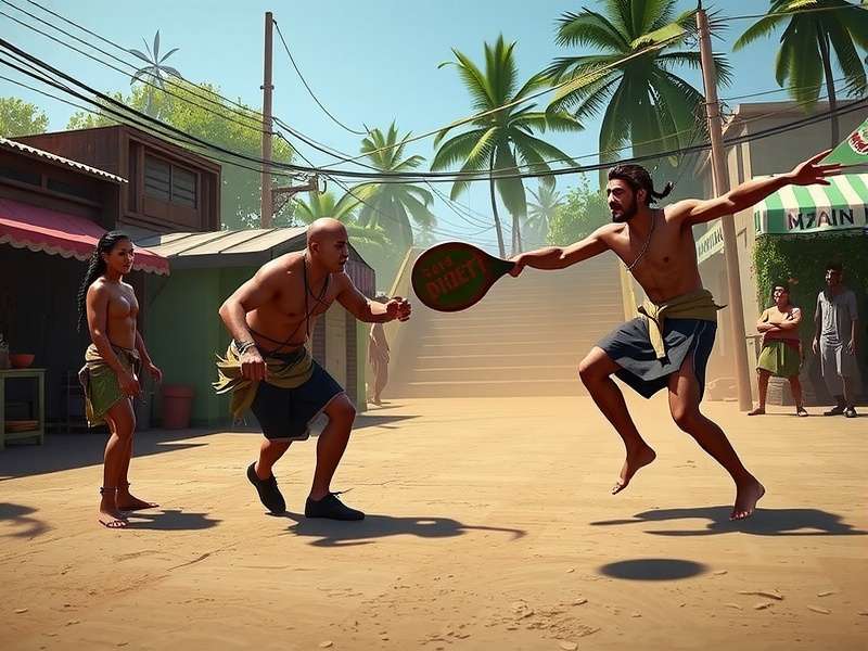 Paddle Warrior gameplay showing an intense rally between two players in a street setting with Indian bystanders