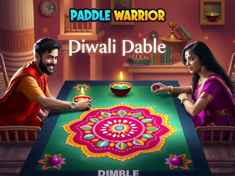 Paddle Warrior Diwali tournament showing a festive table with rangoli and diyas, and players in traditional Indian attire